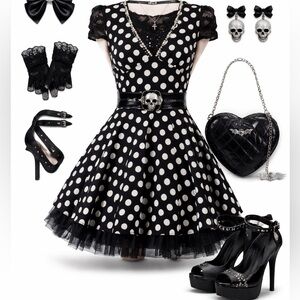 VTG 1980s Rockabilly Pinup Black and White Polka Dot Swing Dress